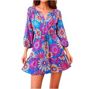 Alice & Trixie Silk Floral Print Dress XS (Fits S-M) V-Neck Tie Waist 3/4 Slv